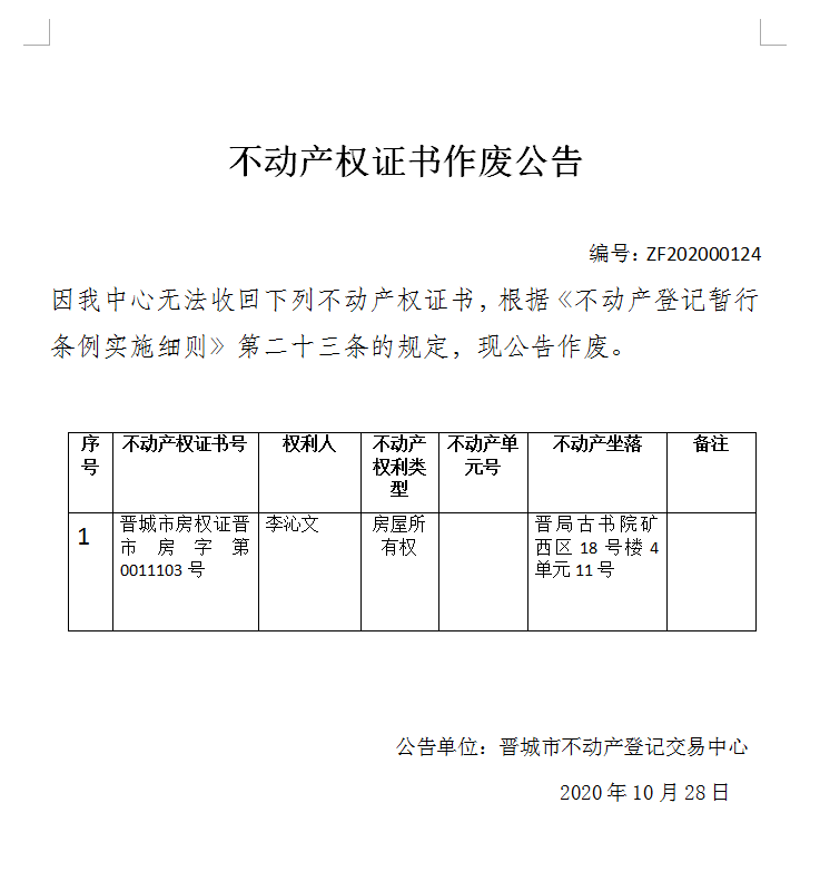 不动产权证书作废公告（三百六十七）202000124(图1)