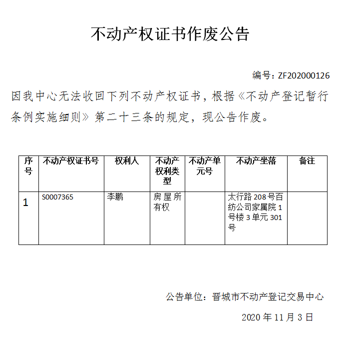 不动产权证书作废公告（三百六十九）202000126(图1)