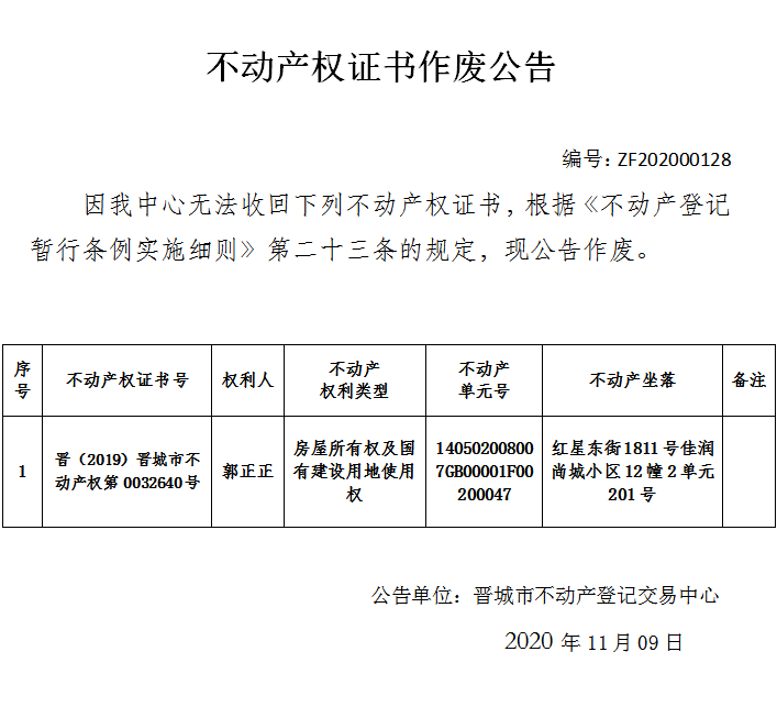 不动产权证书作废公告（三百七十一）202000128(图1)