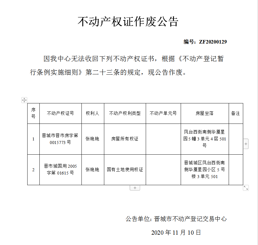 	不动产权证书作废公告（三百七十二）202000129(图1)