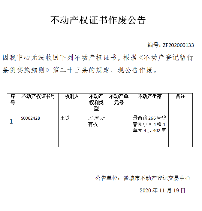 不动产权证书作废公告（三百七十六）202000133(图1)