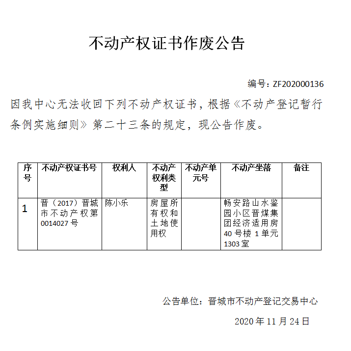 不动产权证书作废公告（三百七十九）202000136(图1)