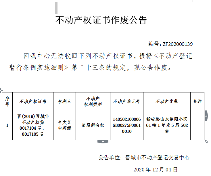 不动产权证作废公告（三百八十二）202000139(图1)