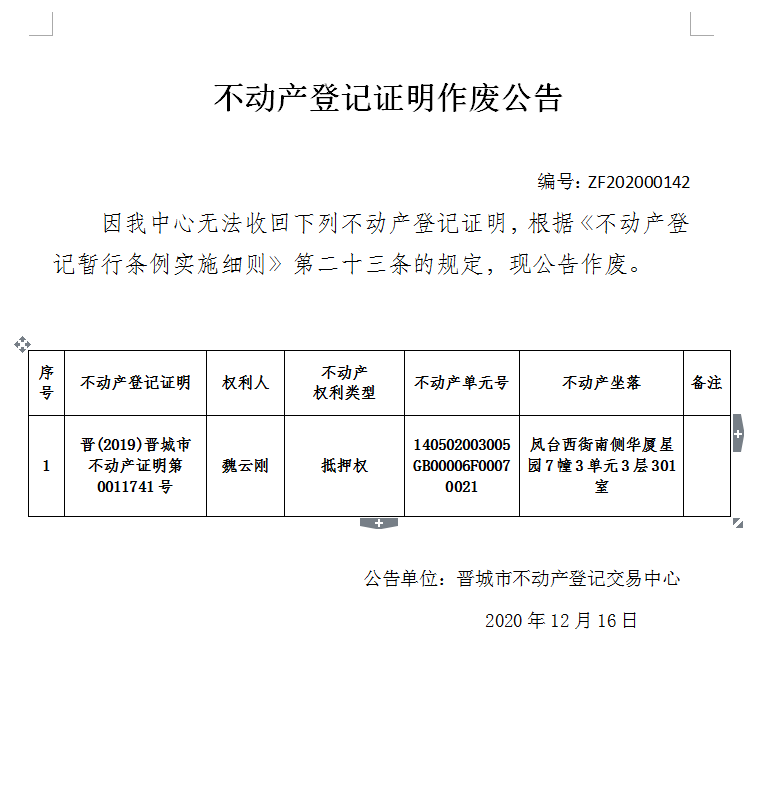 不动产登记证明作废公告（三百八十五）202000142(图1)