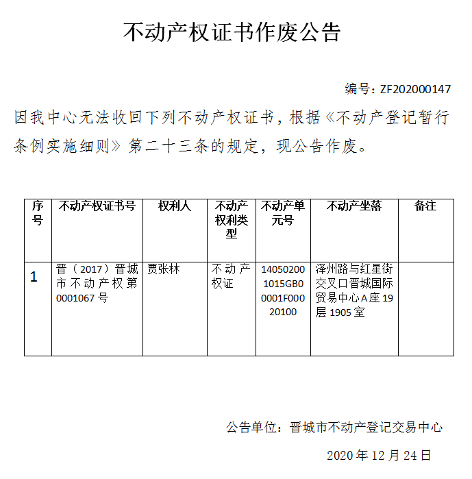 不动产权证书作废公告（三百九十）202000147(图1)
