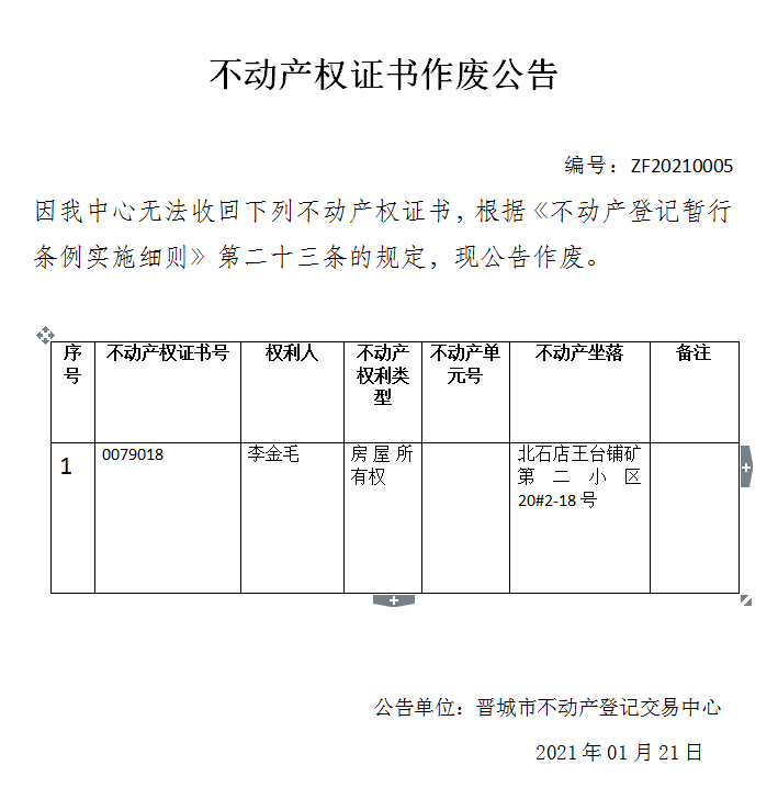 不动产权证书作废公告（三百九十七）20210005(图1)