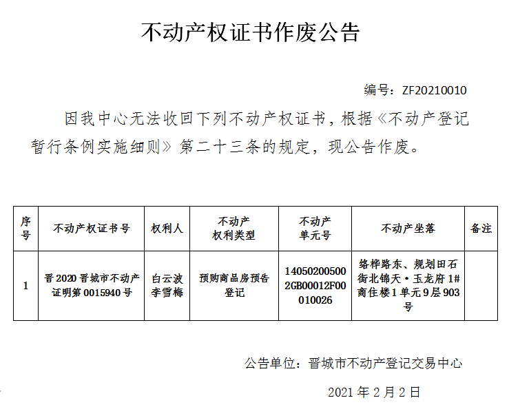 不动产权证书作废公告（四百零二号）20210010(图1)