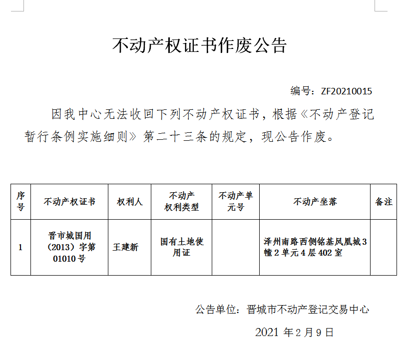 不动产权证书作废公告（四百零七）20210015(图1)