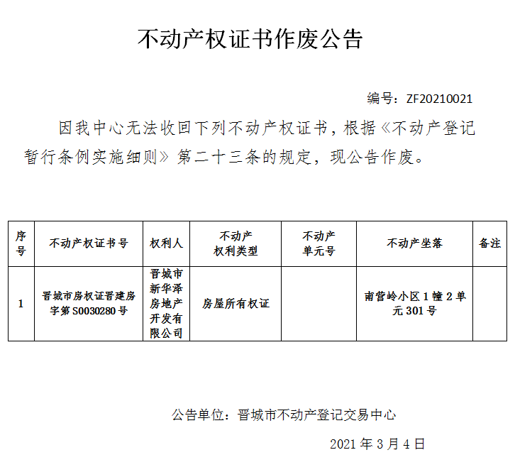 不动产权证书作废公告（四百一十三）20210021(图1)