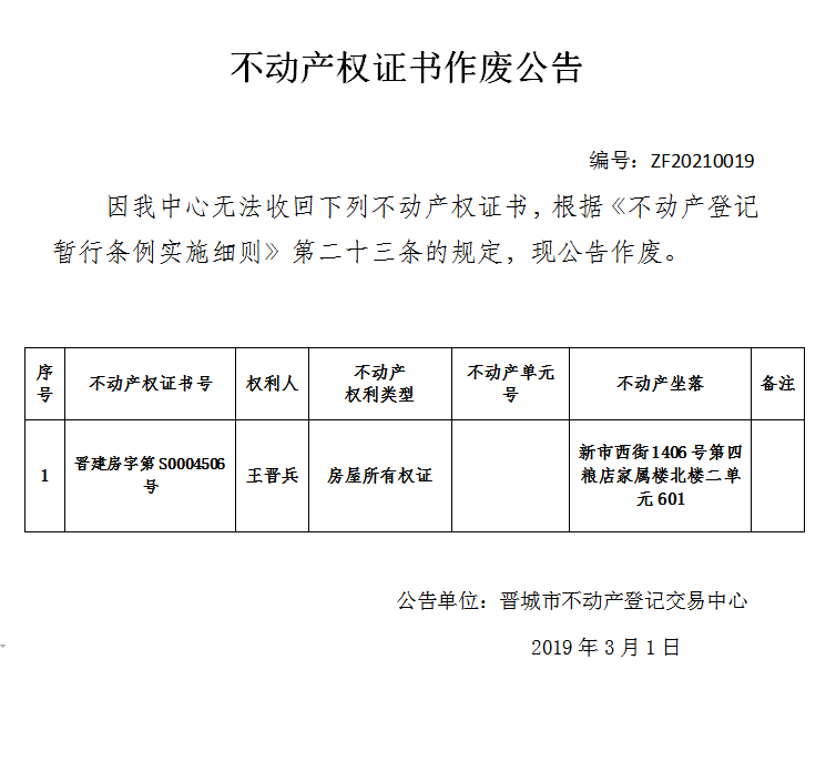 不动产权证书作废公告（二百五十三）20200008(图1)