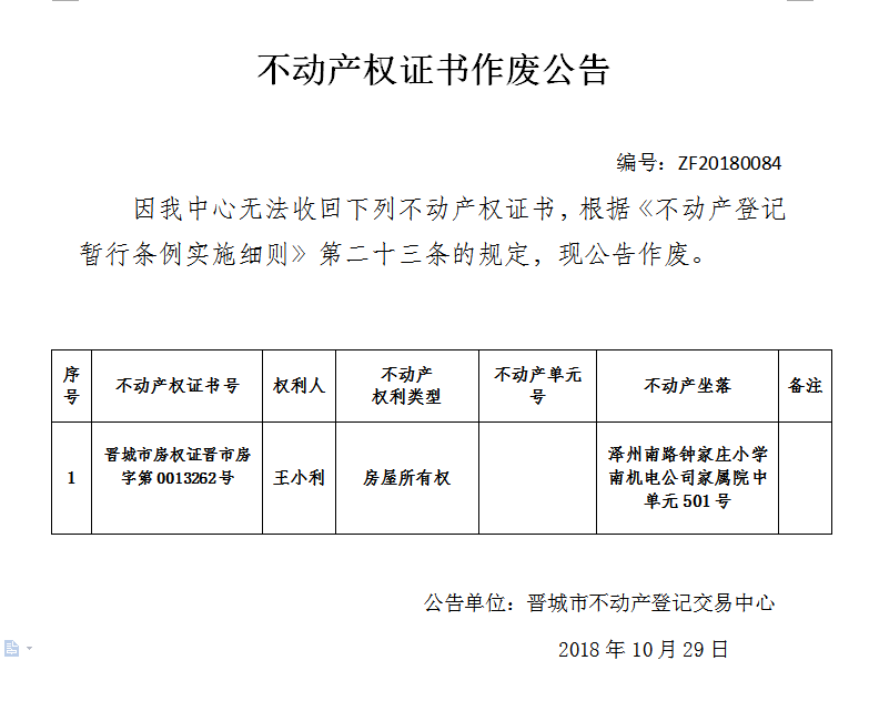 不动产权证书作废公告（八十四）(图1)