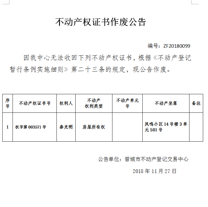 不动产权证书作废公告（九十九）(图1)