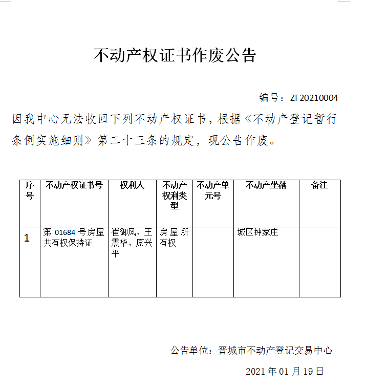 不动产权证书作废公告（三百九十六）20210004(图1)
