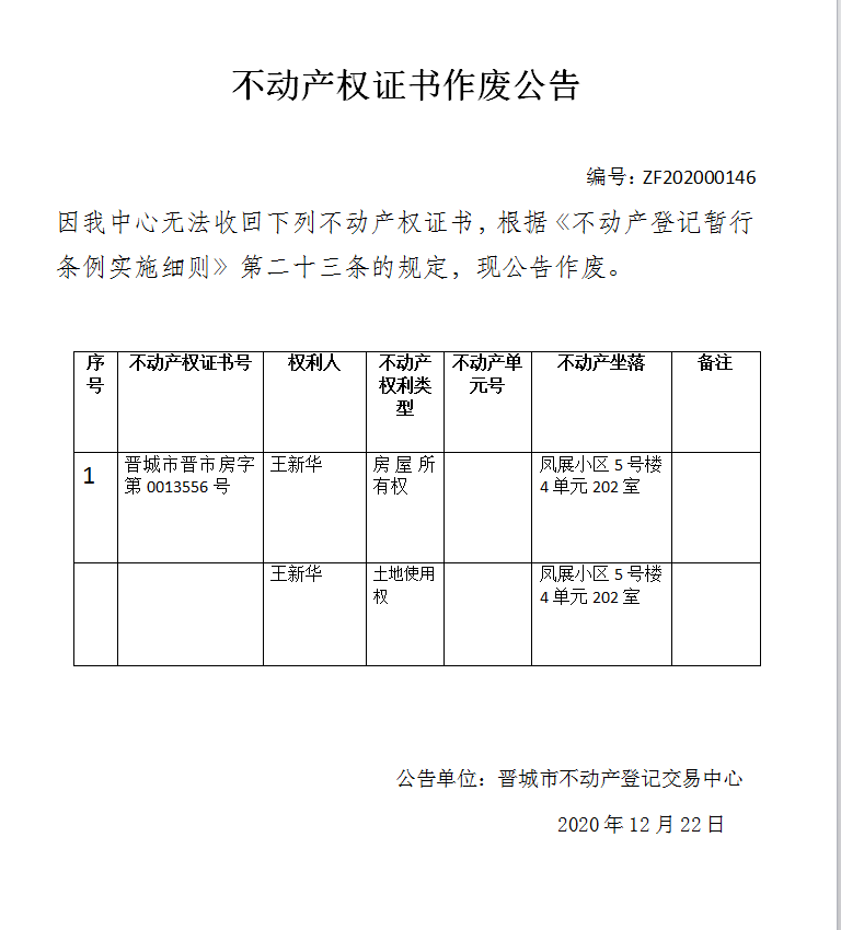 不动产权证书作废公告（三百八十九）202000146(图1)