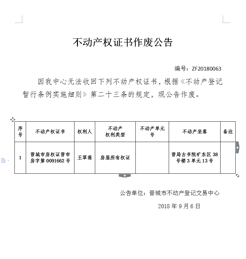 不动产权证书作废公告（六十三）(图1)