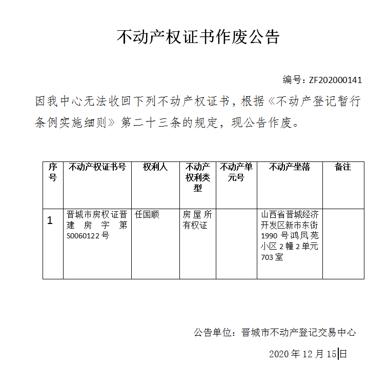 不动产权证书作废公告（三百八十四）202000141(图1)