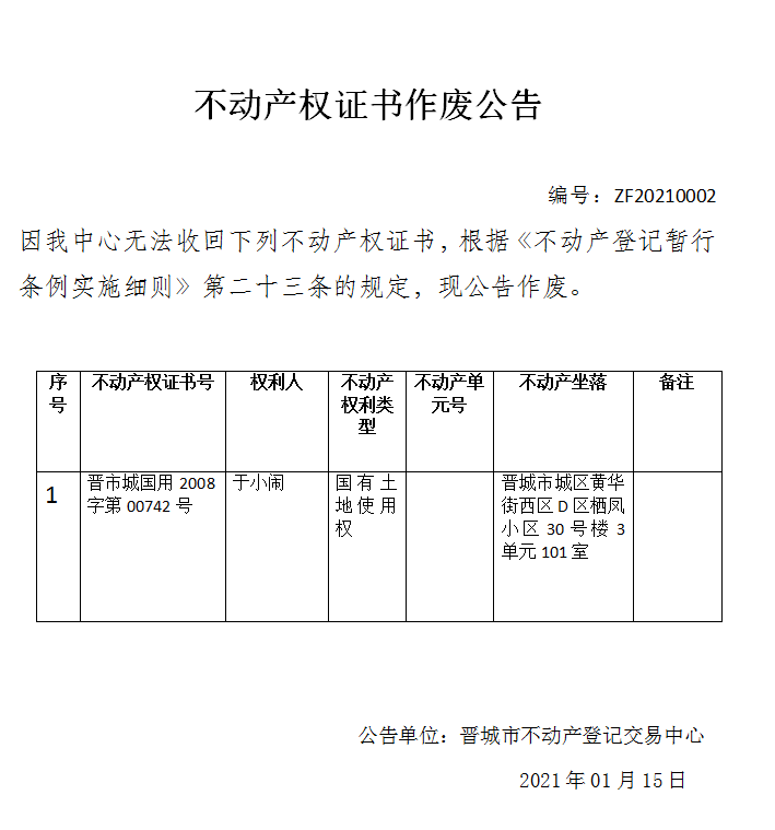 不动产权证书作废公告（三百九十四）20210002(图1)