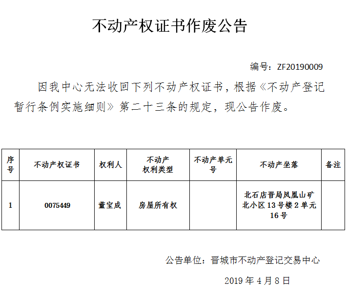 不动产权证书作废公告（一百三十二）20190009(图1)