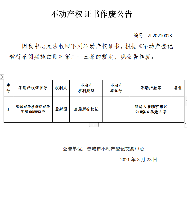 不动产权证书作废公告（四百一十五）20210023(图1)