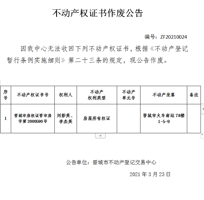 不动产权证书作废公告（四百一十六）20210024(图1)
