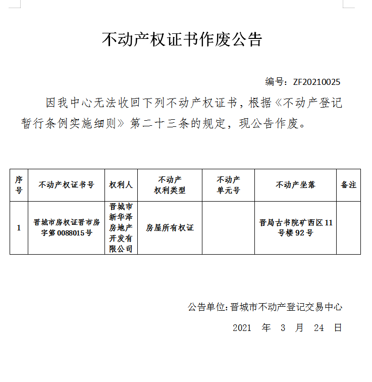 不动产权证书作废公告（四百一十七）20210025(图1)