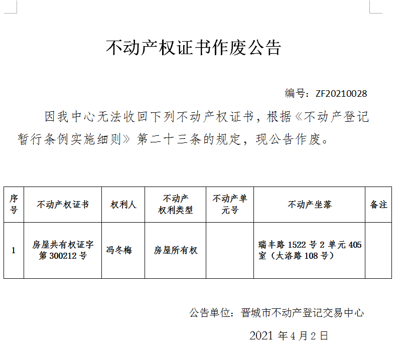 不动产权证书作废公告（四百二十）20210028(图1)