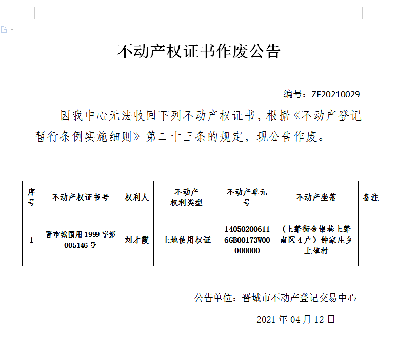 不动产权证书作废公告（四百二十一）20210029(图1)
