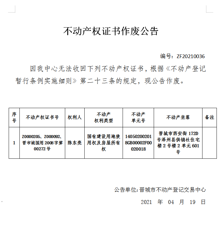 不动产权证书作废公告（四百二十八）20210036(图1)