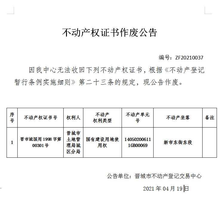 不动产权证书作废公告（四百二十九）20210037(图1)