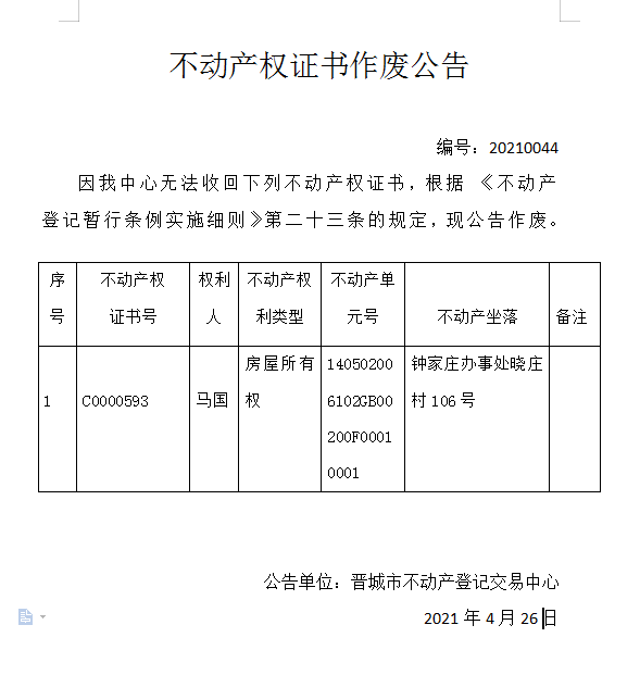 不动产权证书作废公告（四百三十六）20210044(图1)