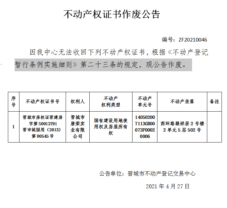 不动产权证书作废公告（四百三十八）20210046(图1)