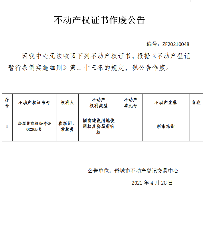 不动产权证书作废公告（四百四十）20210048(图1)