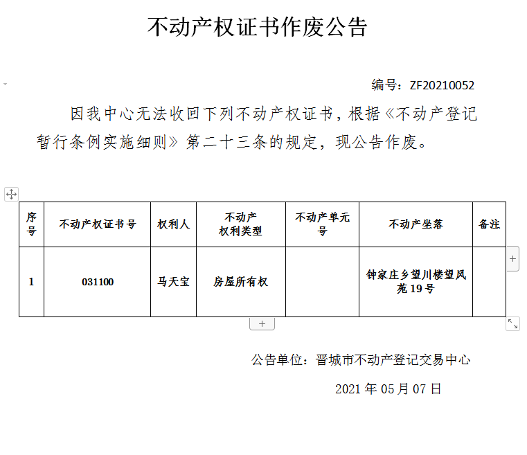 不动产权证书作废公告（四百四十四）20210052(图1)