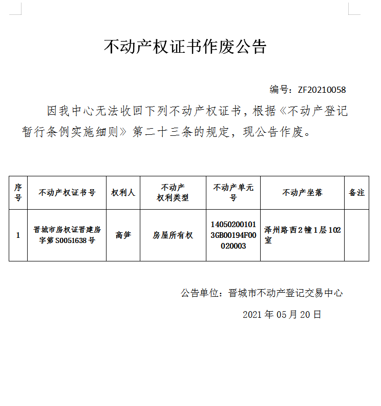 不动产权证书作废公告（四百五十）20210058(图1)
