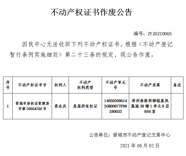 不动产权证书作废公告（四百五十七）20210065(图1)