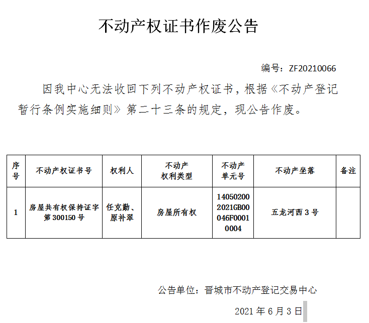 不动产权证书作废公告（四百五十八）20210066(图1)