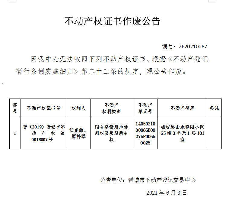 不动产权证书作废公告（四百五十九）20210067(图1)