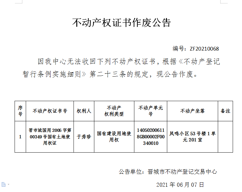 不动产权证书作废公告（四百六十）20210068(图1)