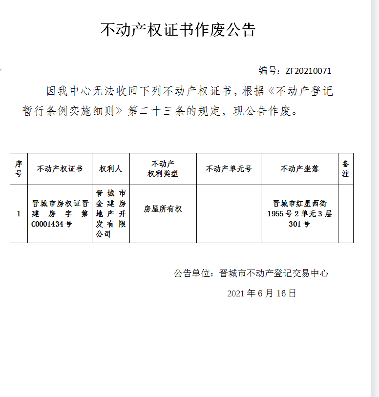 不动产权证书作废公告（四百六十三）20210071(图1)