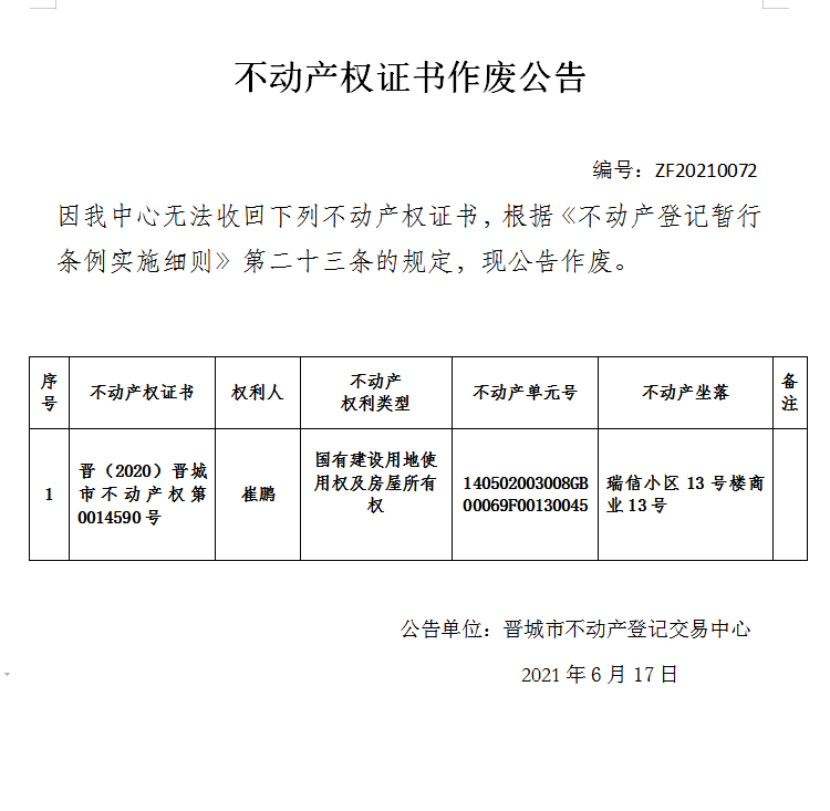 不动产权证书作废公告（四百六十四）20210072(图1)