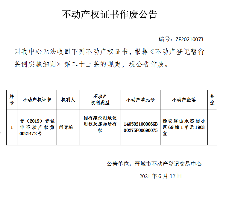 不动产权证书作废公告（四百六十五）20210073(图1)