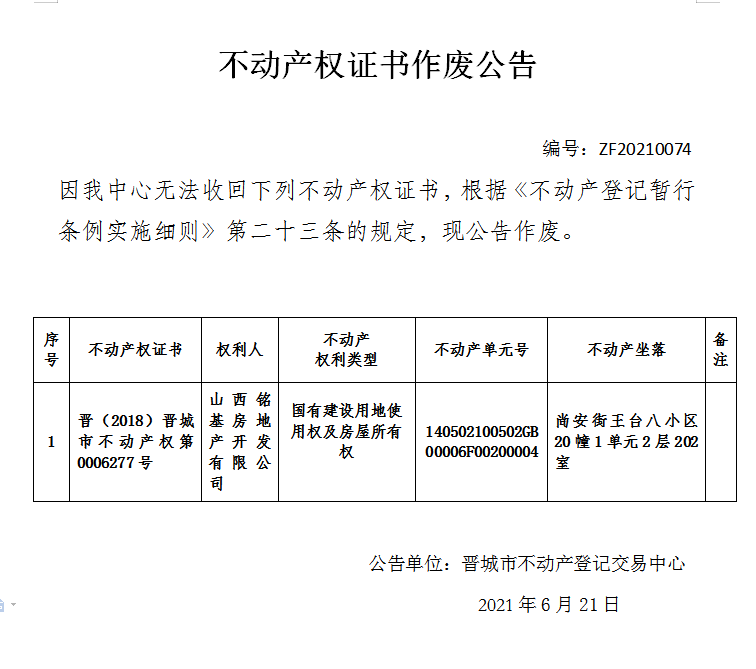 不动产权证书作废公告（四百六十六）20210074(图1)