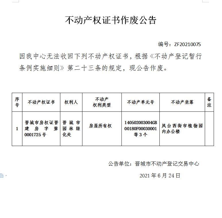 不动产权证书作废公告（四百六十七）20210075(图1)