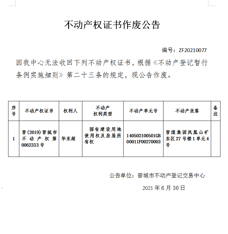 不动产权证书作废公告（四百六十九）20210077(图1)