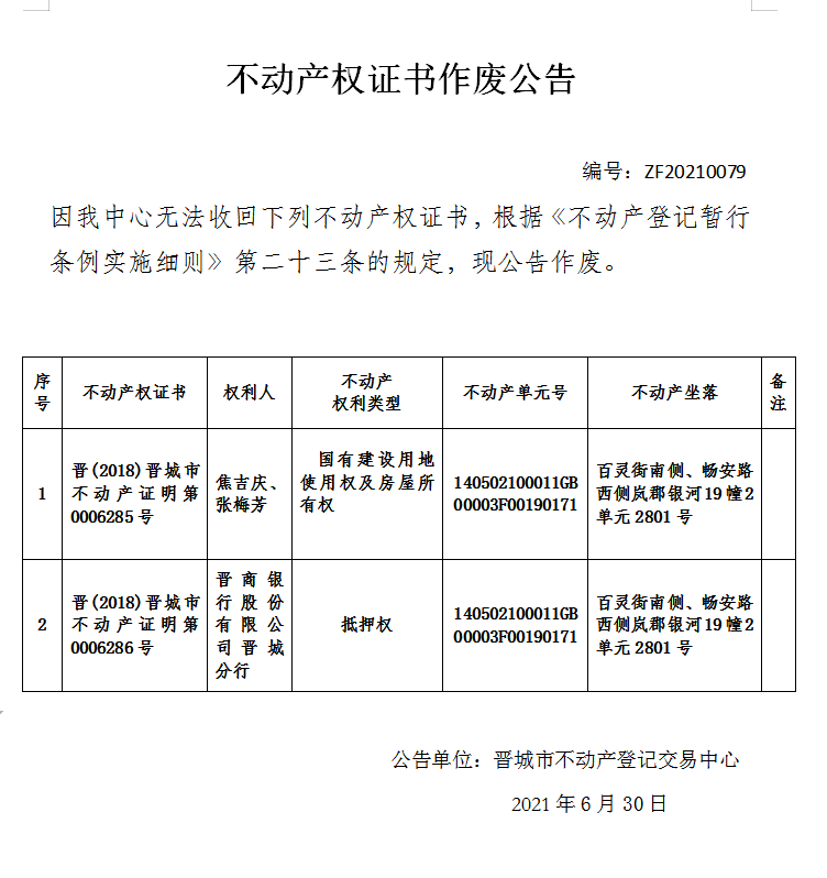 不动产权证书作废公告（四百七十一）20210079(图1)