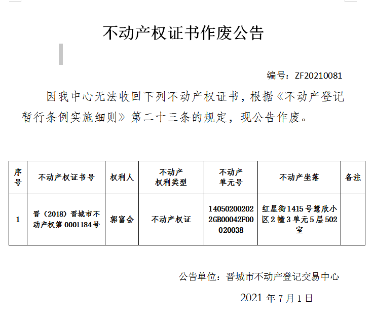 不动产权证书作废公告（四百七十三）20210081(图1)