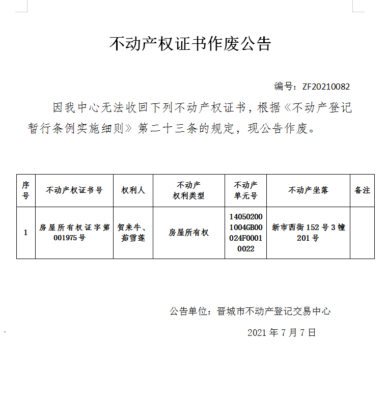 不动产权证书作废公告（四百七十四）20210082(图1)