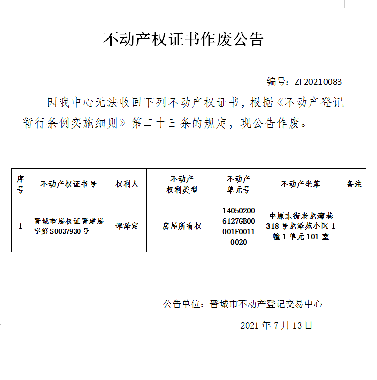 不动产权证书作废公告（四百七十五）20210083(图1)
