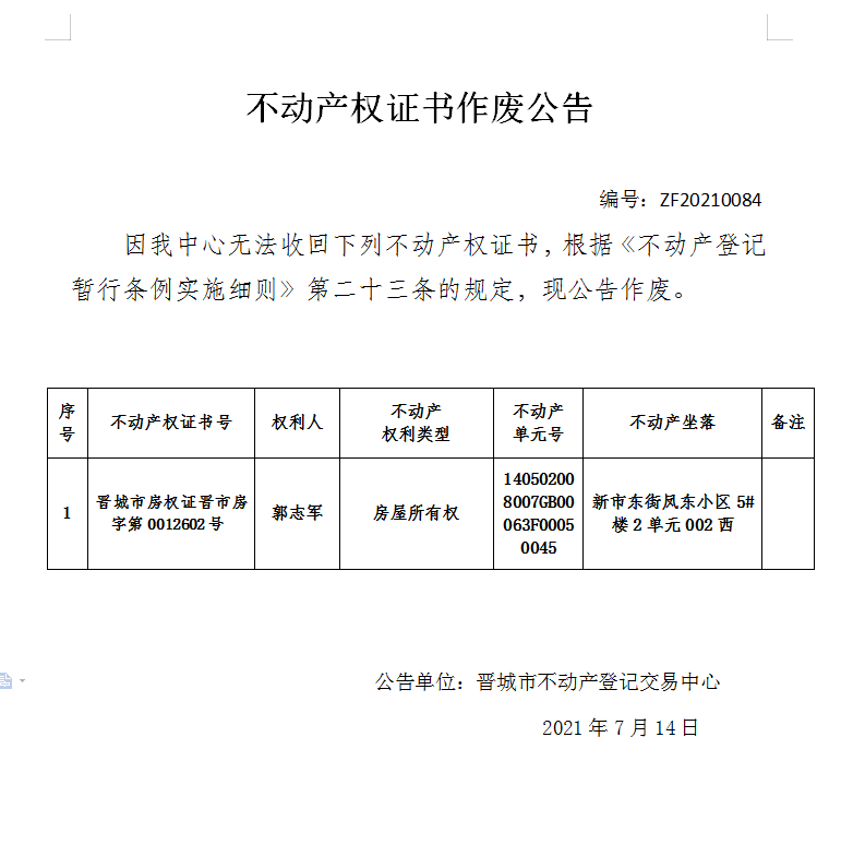 不动产权证书作废公告（四百七十六）20210084(图1)