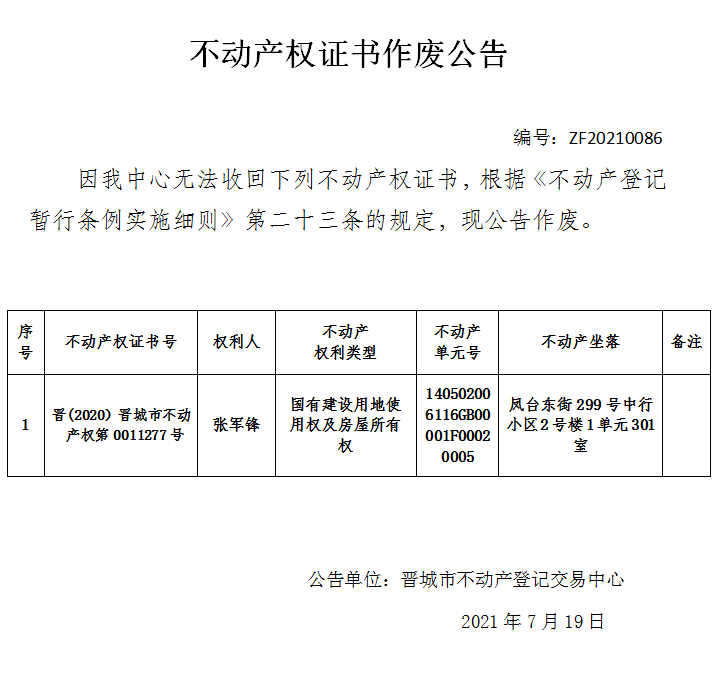 不动产权证书作废公告（四百七十八）20210086(图1)